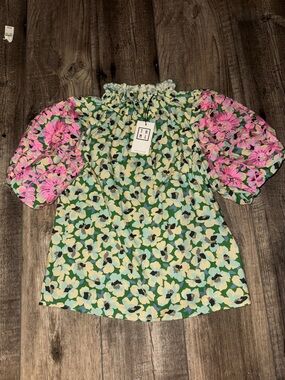 THML Green Floral Blouse with Pink Embroidered Puff Sleeves